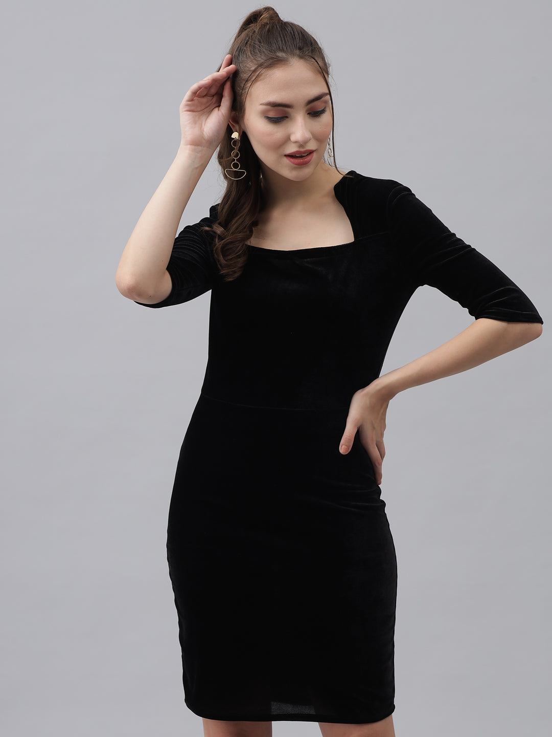 Women Square Neck Velvet Sheath Dress