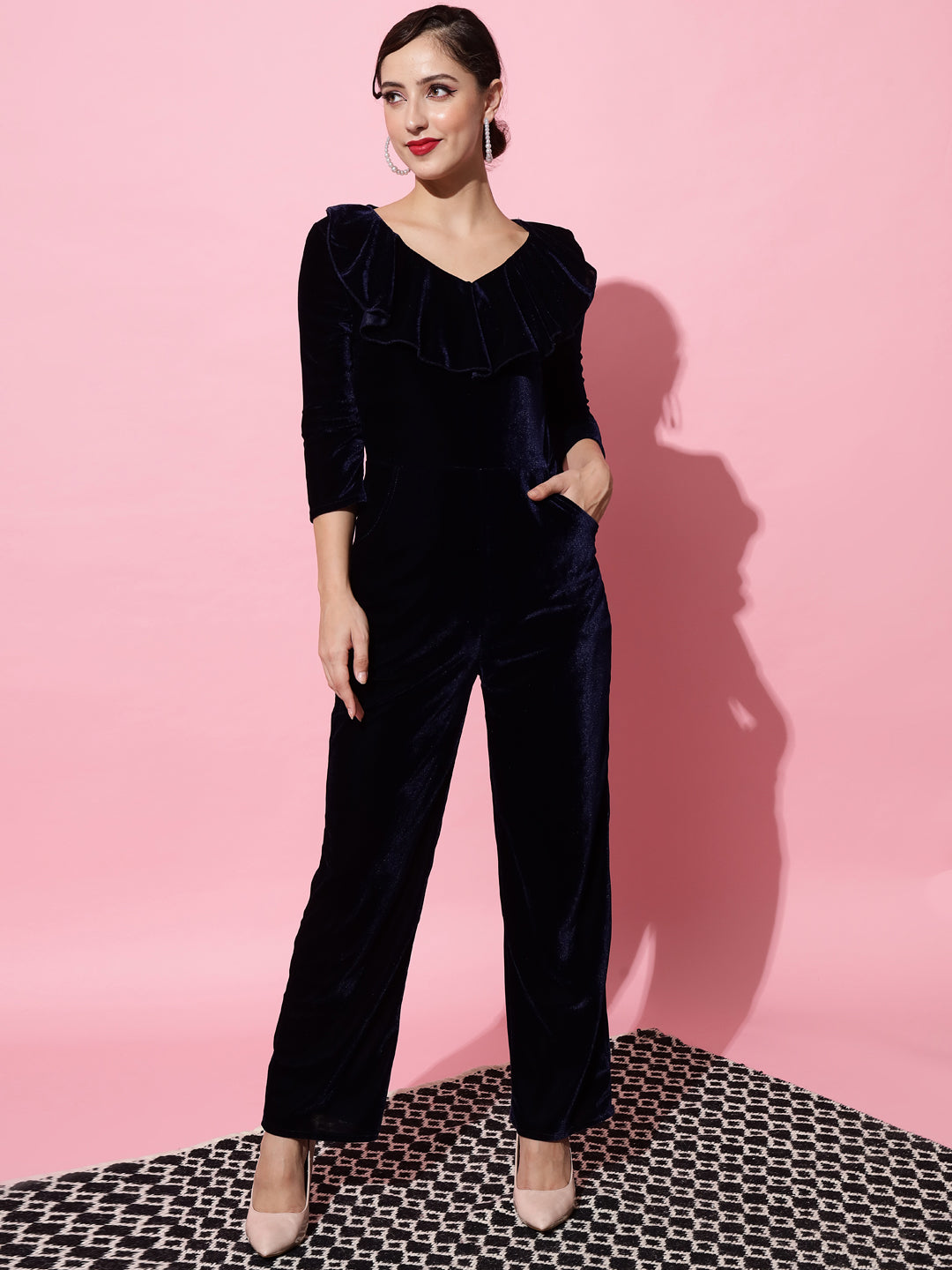 V-Neck Ruffles Details Basic Jumpsuit