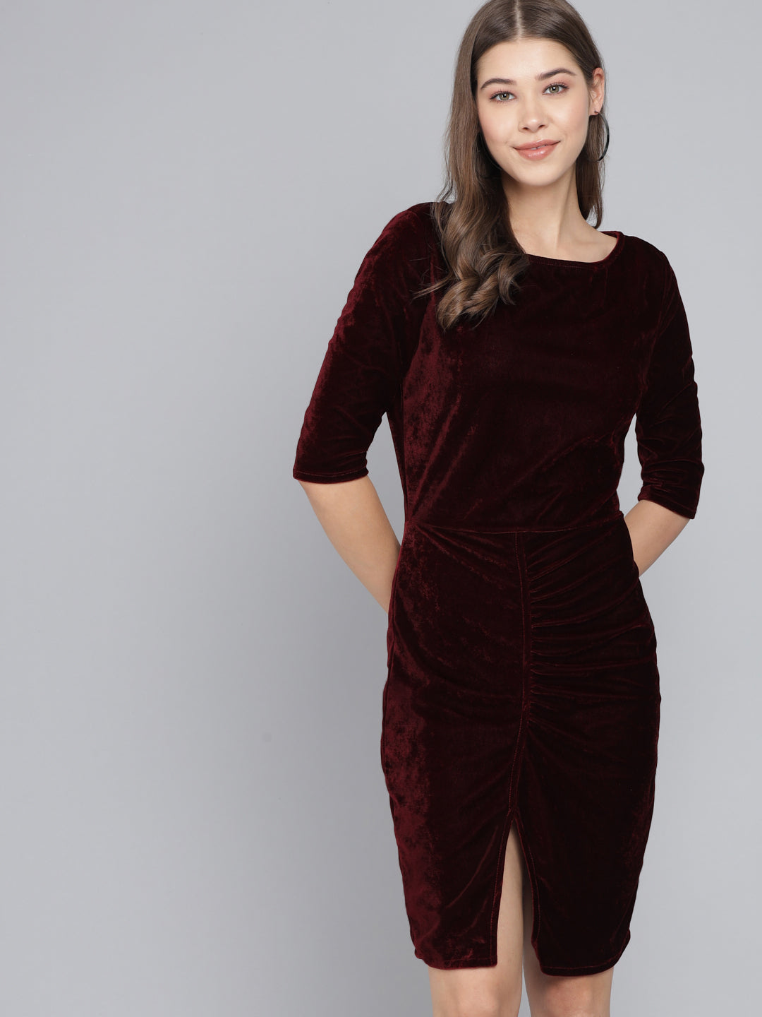 Boat Neck Gathered Surfacing Front Slit Velvet Sheath Dress