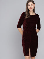 Boat Neck Gathered Surfacing Front Slit Velvet Sheath Dress
