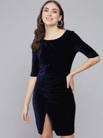 Boat Neck Gathered Surfacing Front Slit Velvet Sheath Dress