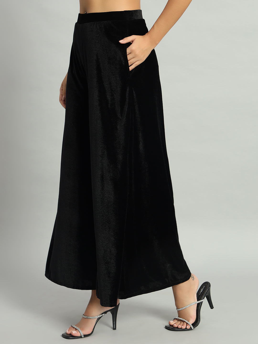 Women Velvet Wide Leg Palazzos Black