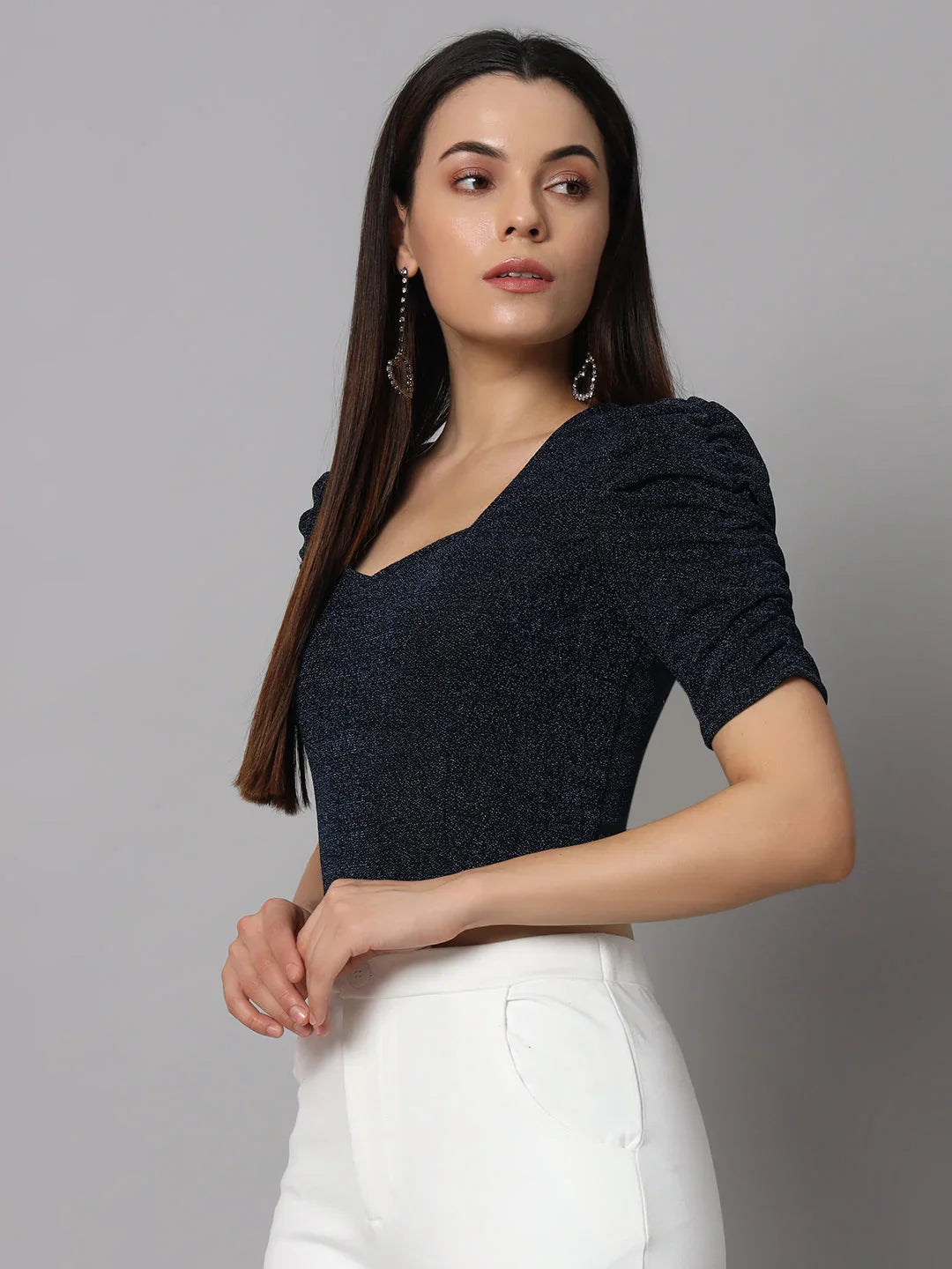 Lycra Party Puff Sleeves Shiny Readymade Blouse