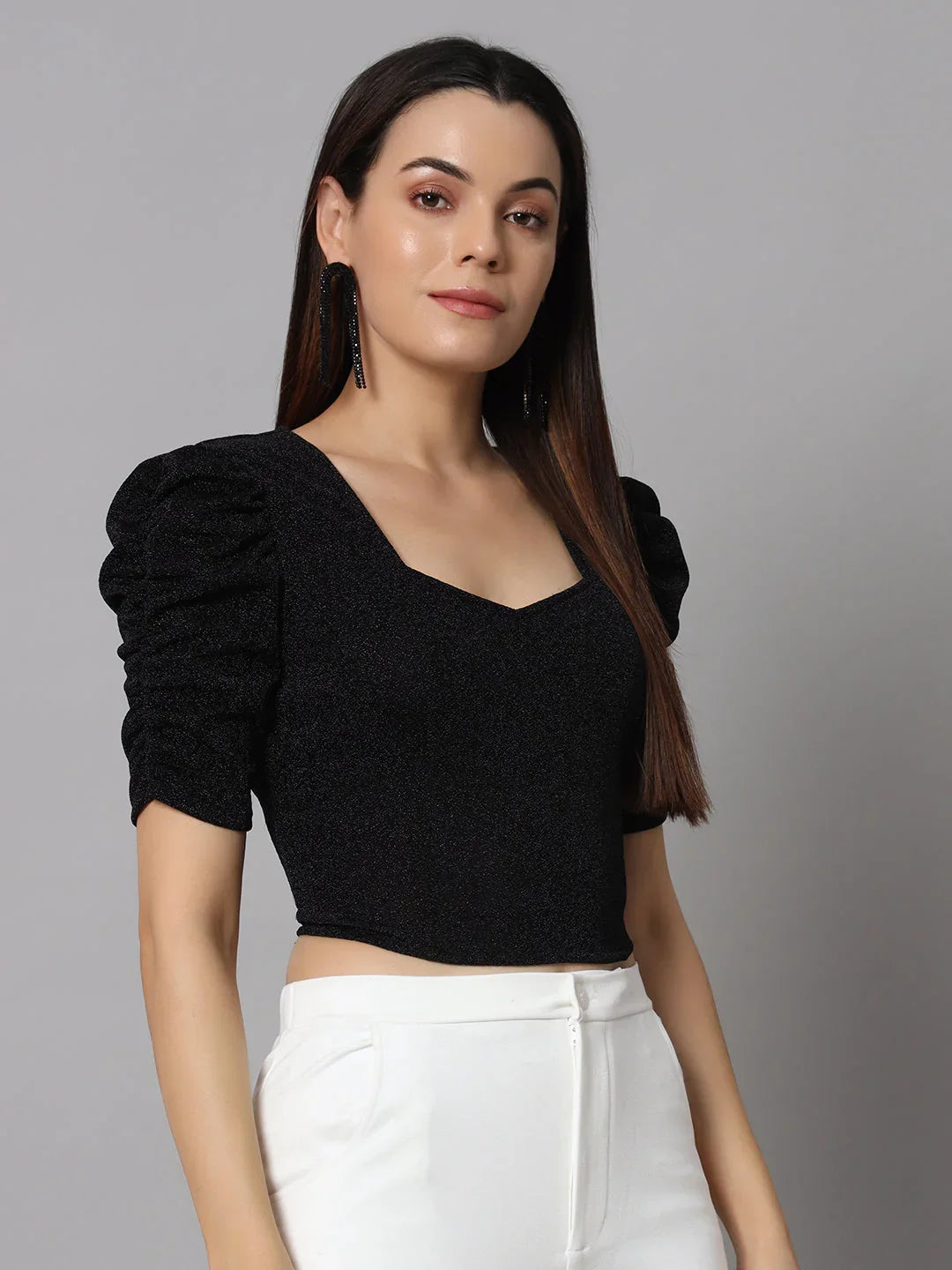 Lycra Party Puff Sleeves Shiny Readymade Blouse