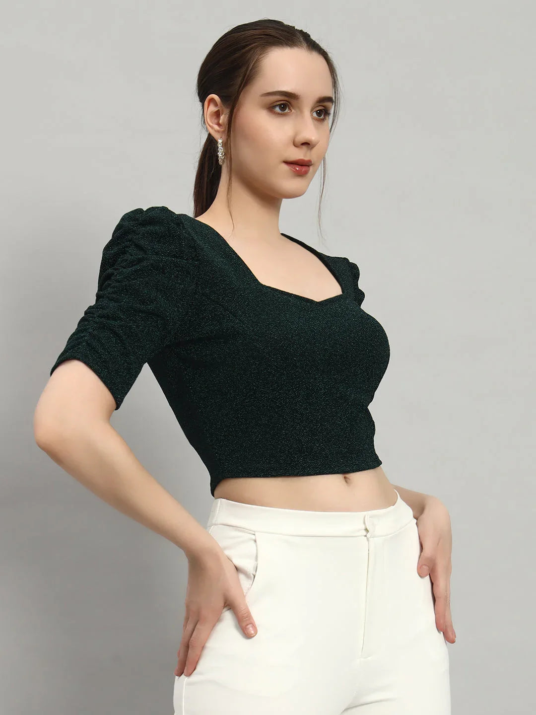 Lycra Party Puff Sleeves Shiny Readymade Blouse