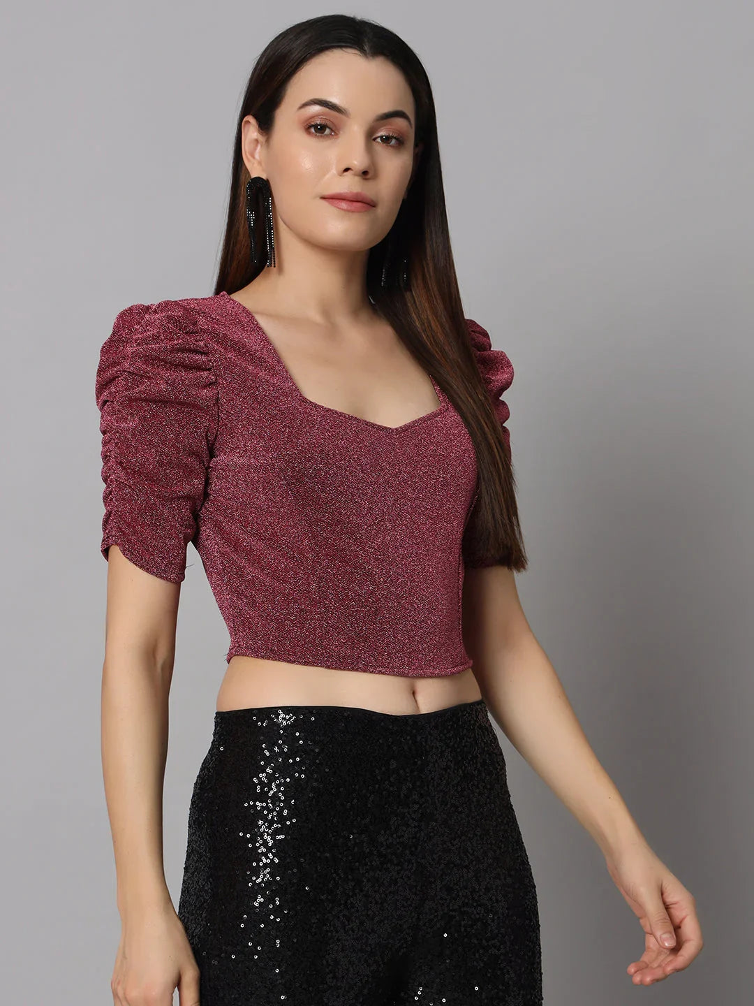 Lycra Party Puff Sleeves Shiny Readymade Blouse