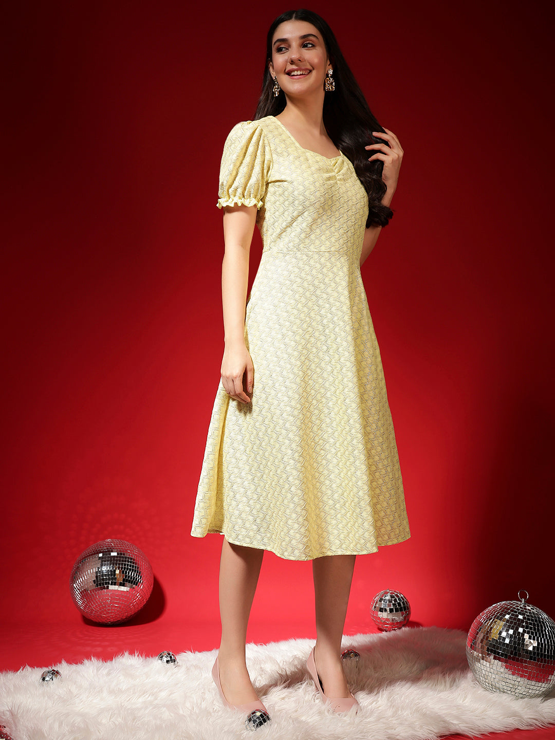 Textured Fit & Flare Midi Dress for Women with Two Side Pockets