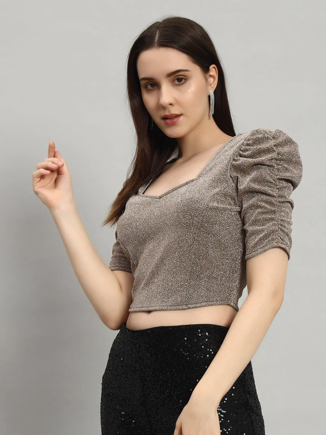 Lycra Party Puff Sleeves Shiny Readymade Blouse