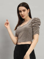 Lycra Party Puff Sleeves Shiny Readymade Blouse