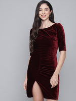 Boat Neck Gathered Surfacing Front Slit Velvet Sheath Dress