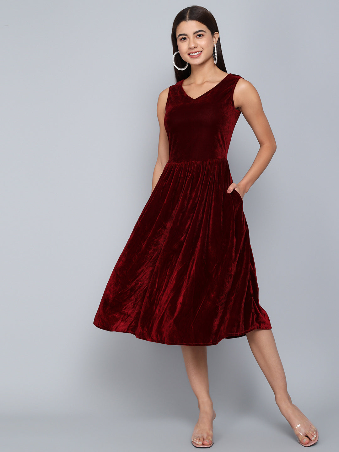 V-Neck Velvet Fit & Flare Midi Dress