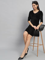 V-Neck Ruffles Detail Velvet Sheath Dress