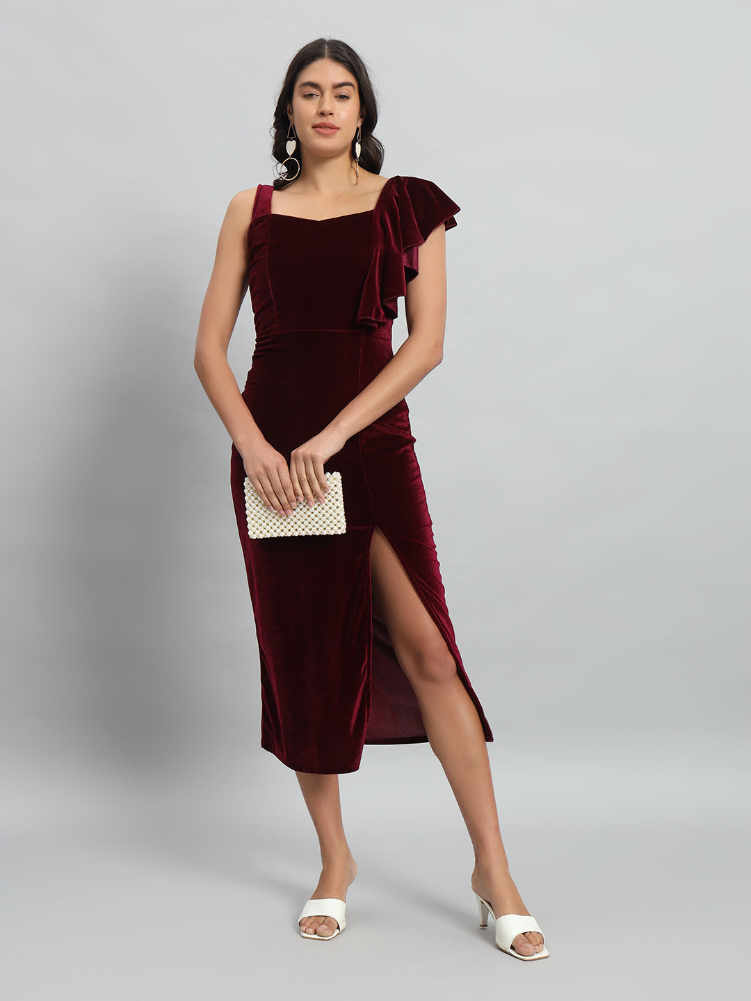 Shoulder Straps Velvet Ruffles Bodycon Midi Dress