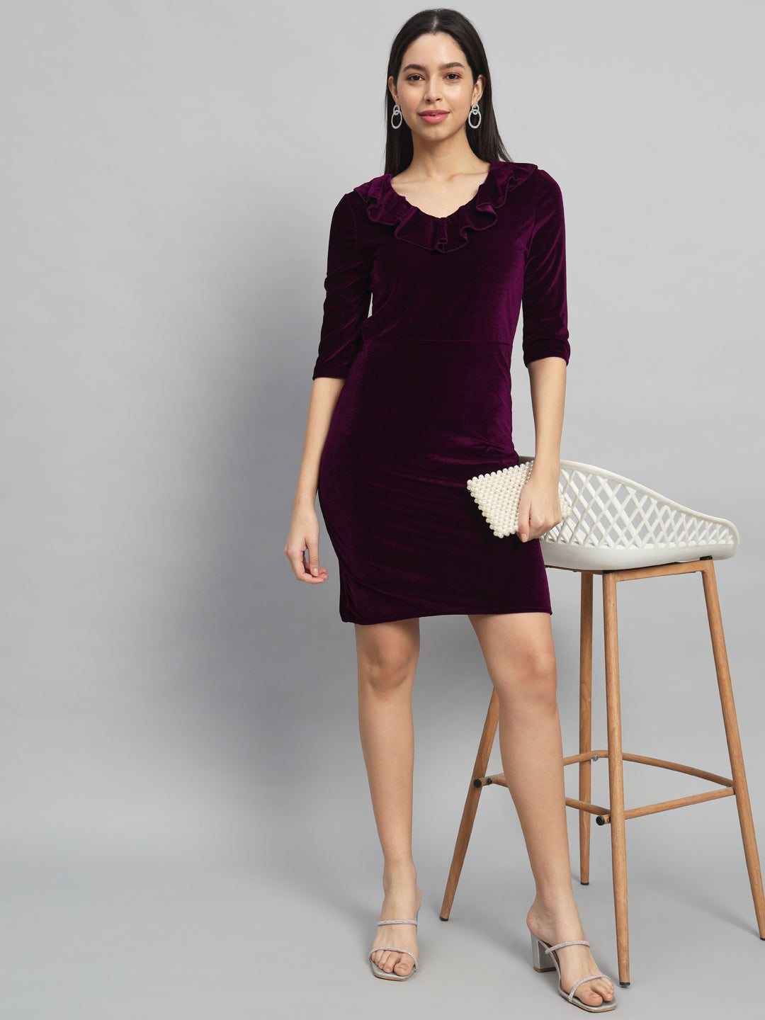 V-Neck Ruffles Detail Velvet Sheath Dress