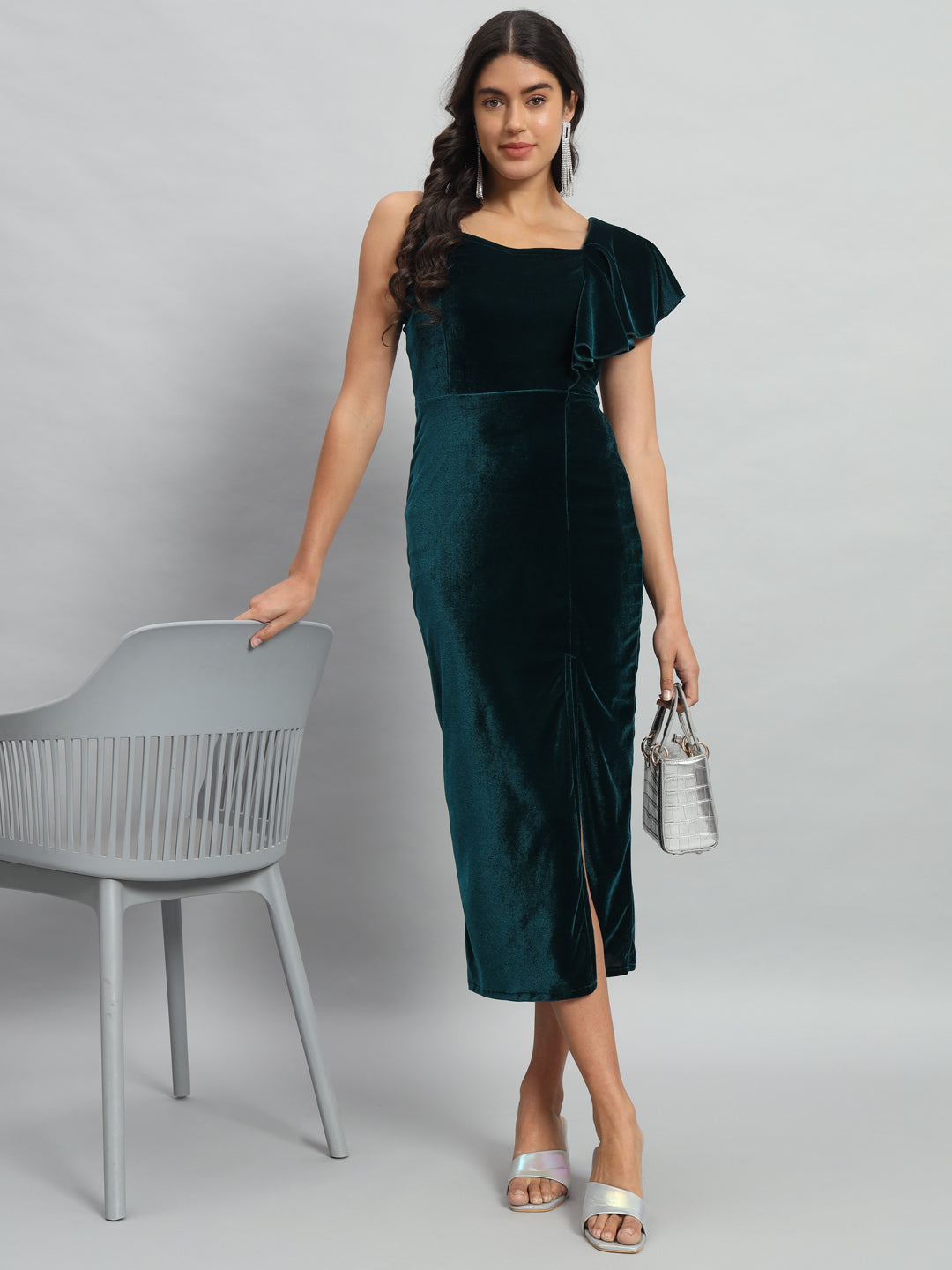 Shoulder Straps Velvet Ruffles Bodycon Midi Dress