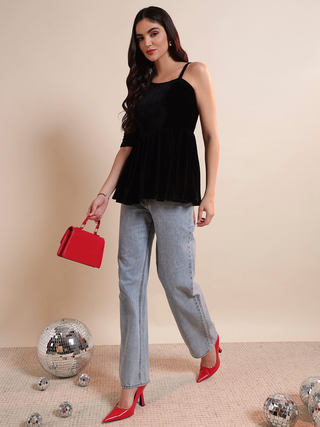 Solid One Shoulder Velvet Peplum Top