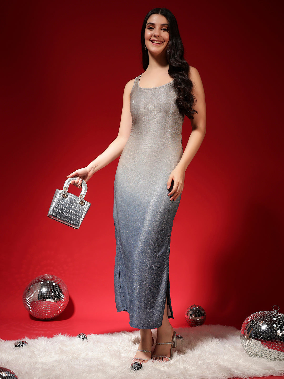 Lycra Bodycon Sleeveless Party Dress Silver Navy Ombre