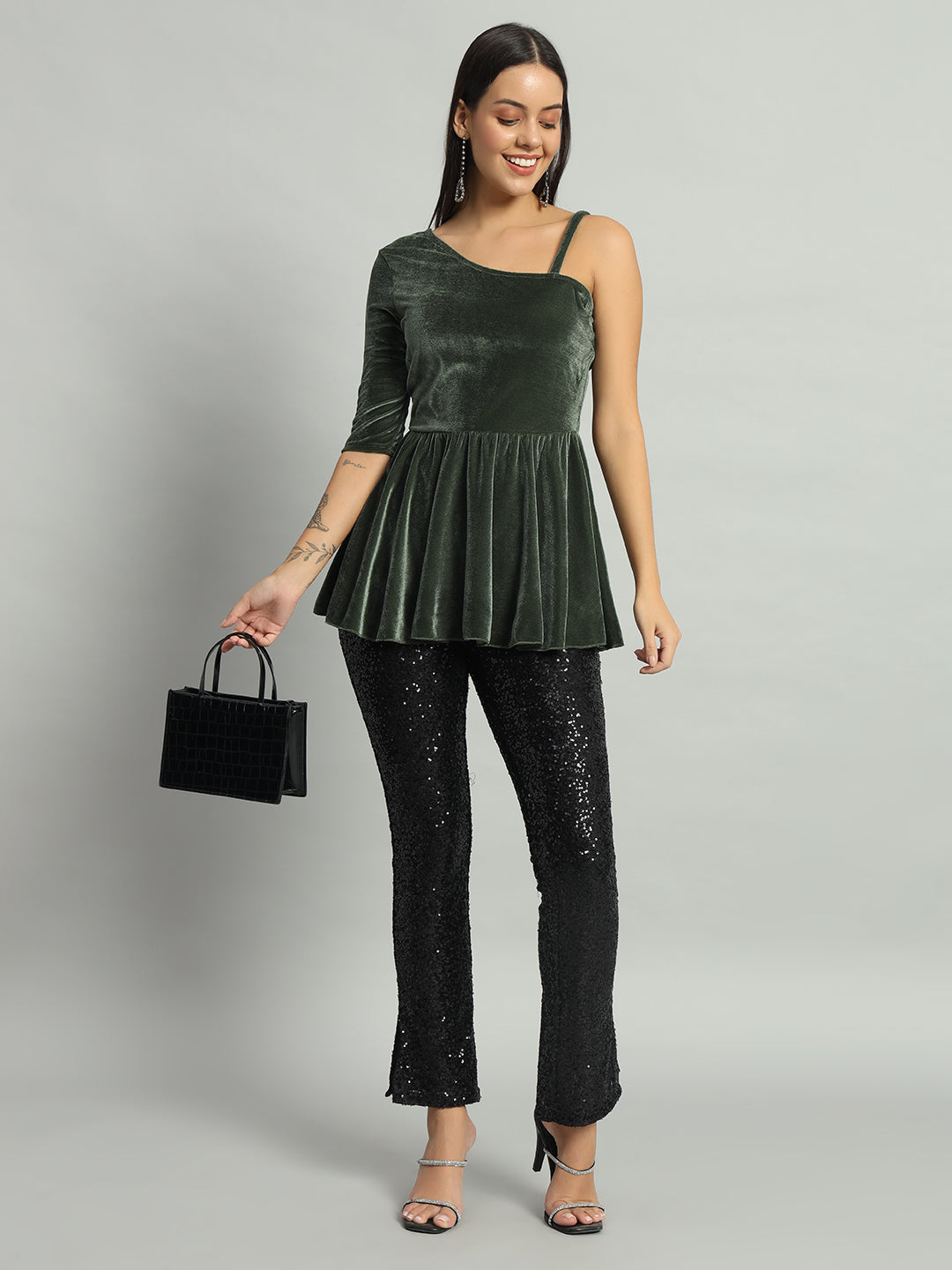 Solid One Shoulder Velvet Peplum Top