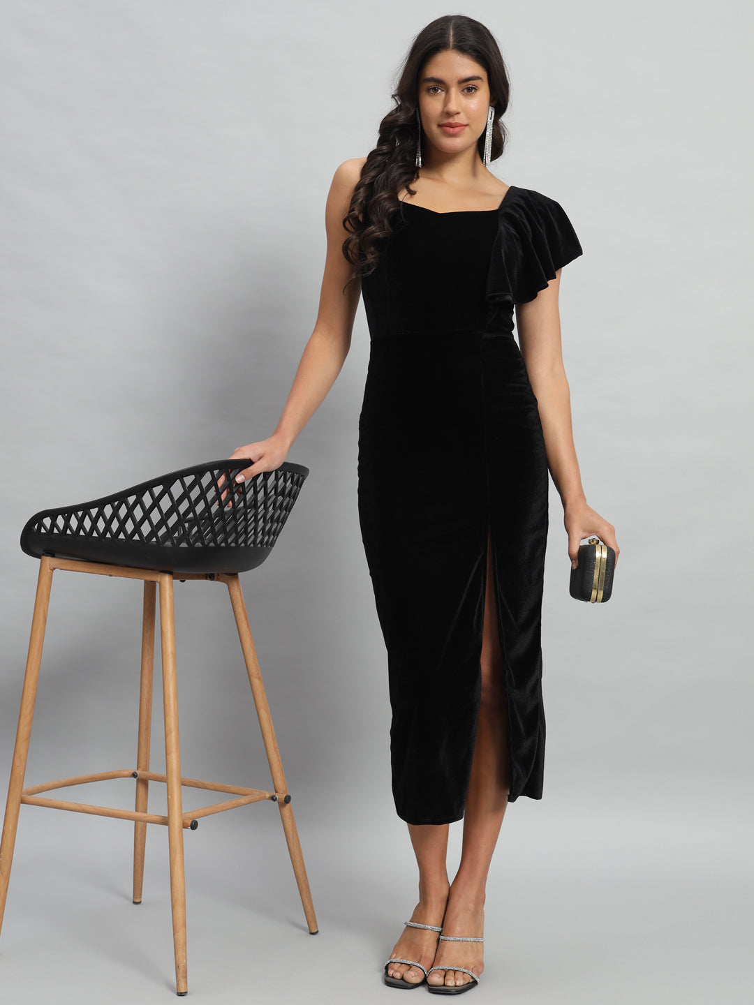 Shoulder Straps Velvet Ruffles Bodycon Midi Dress