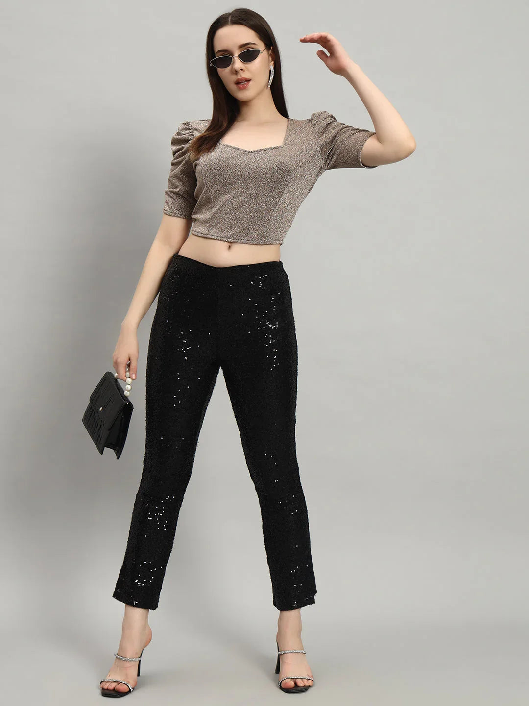 Lycra Party Puff Sleeves Shiny Readymade Blouse