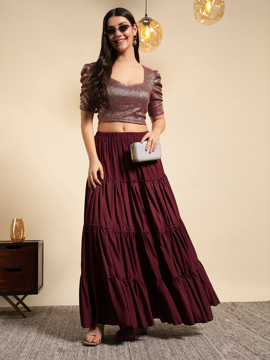 Metallic Shimmer Ruched Sleeve Top