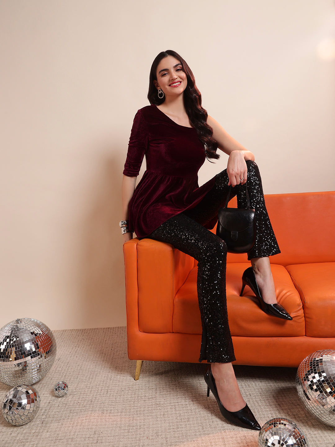 Solid One Shoulder Velvet Peplum Top