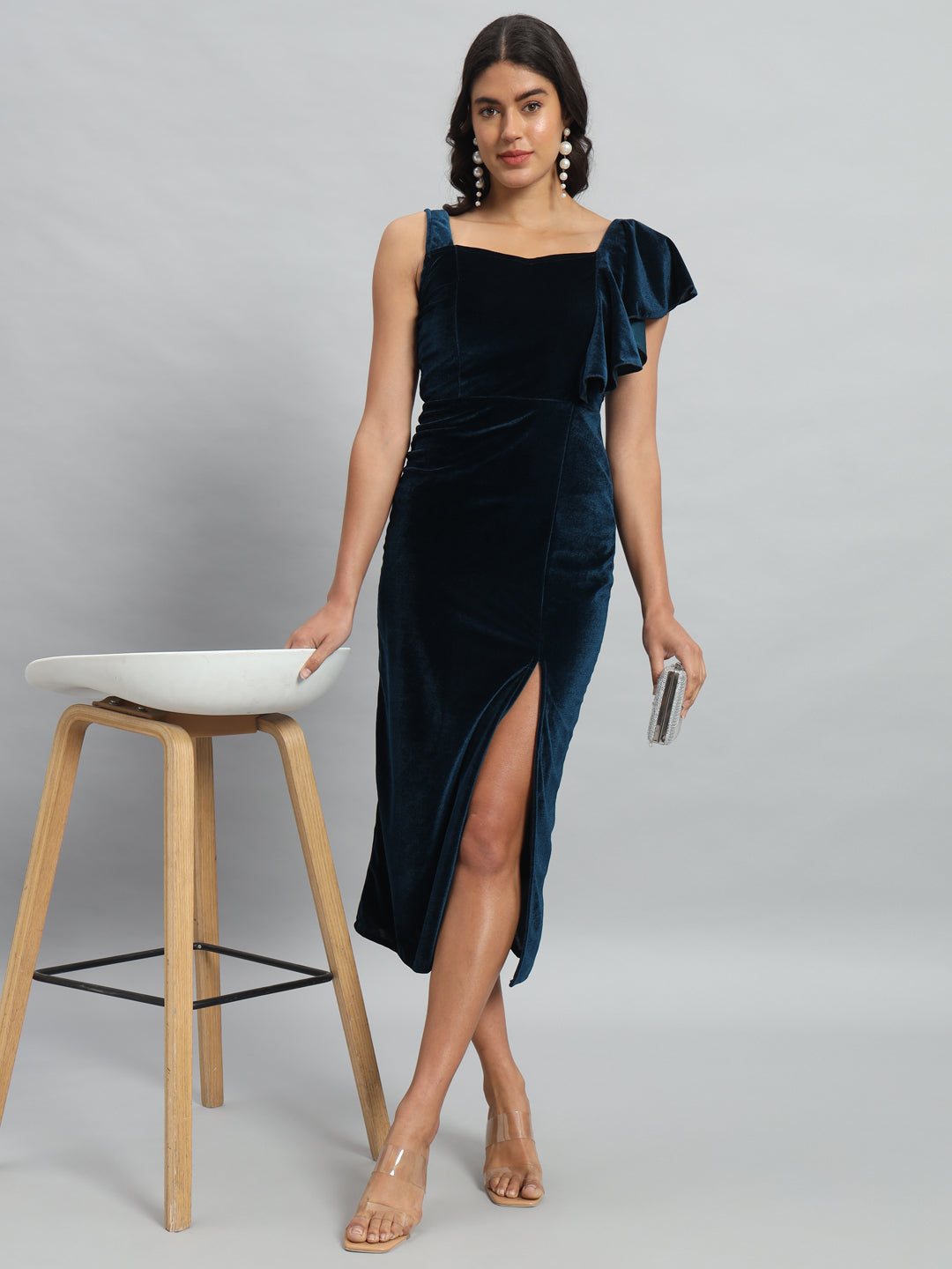 Shoulder Straps Velvet Ruffles Bodycon Midi Dress
