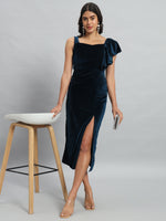 Shoulder Straps Velvet Ruffles Bodycon Midi Dress