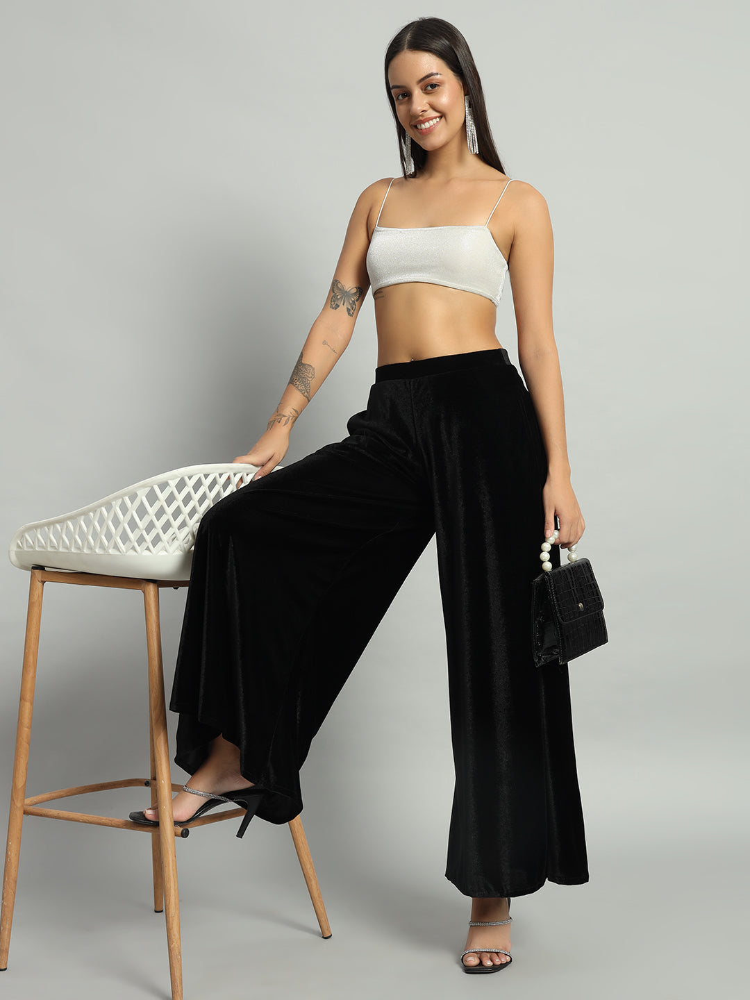 Women Velvet Wide Leg Palazzos Black
