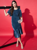 Women Flared Sleeves Velvet Drop-Waist Midi Dress With Ruffles Details