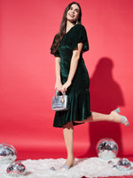 Women Flared Sleeves Velvet Drop-Waist Midi Dress With Ruffles Details