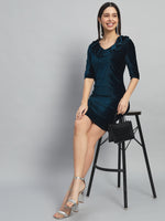 V-Neck Ruffles Detail Velvet Sheath Dress