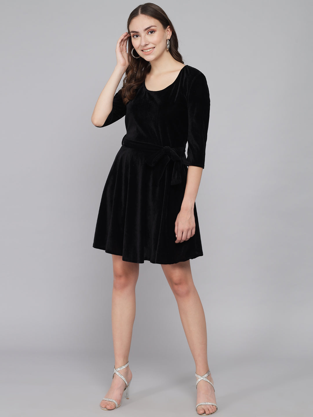 Tie-Ups Velvet A-Line Dress with Side Pockets