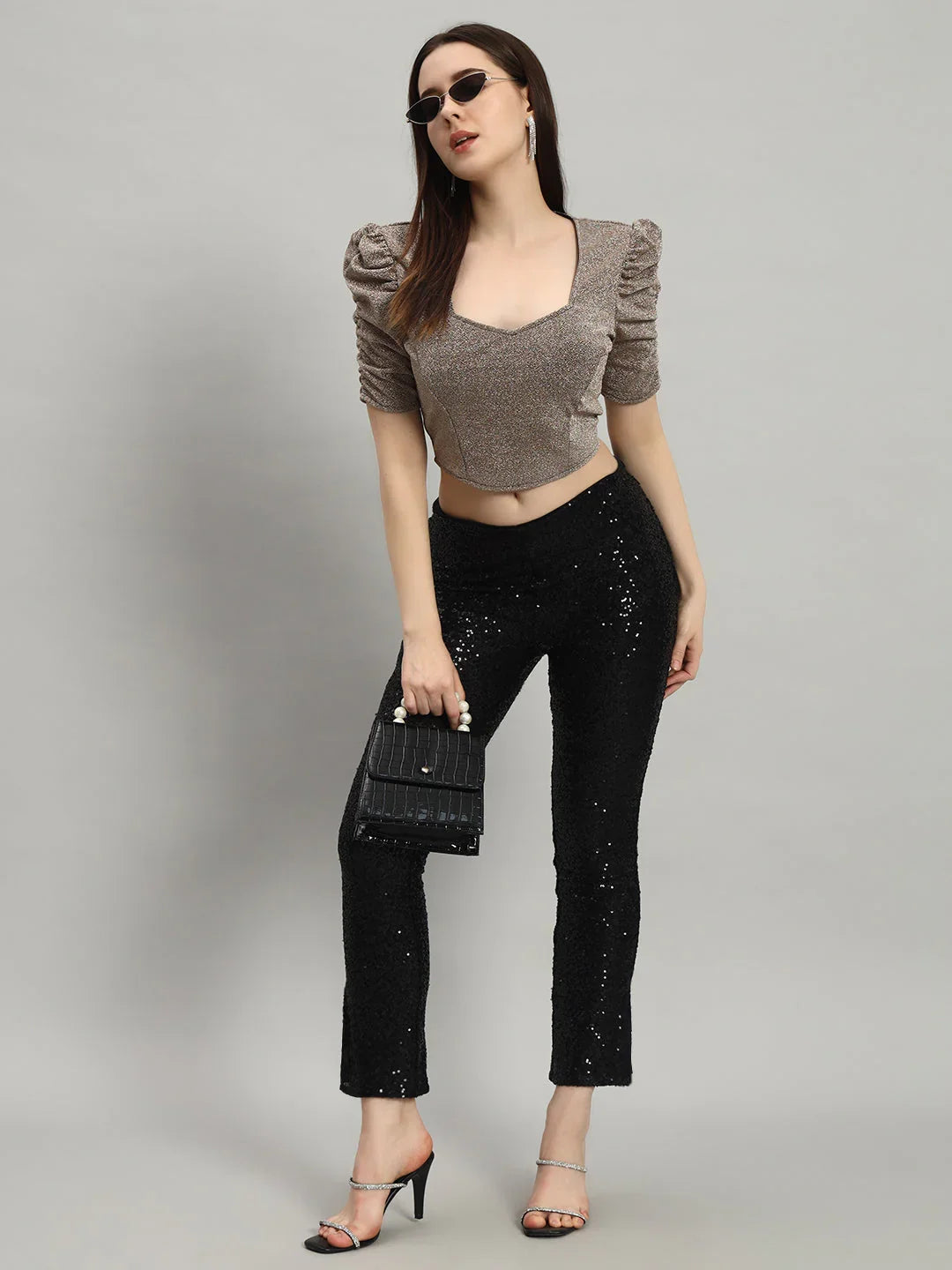 Lycra Party Puff Sleeves Shiny Readymade Blouse