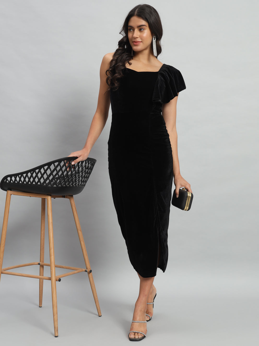 Shoulder Straps Velvet Ruffles Bodycon Midi Dress