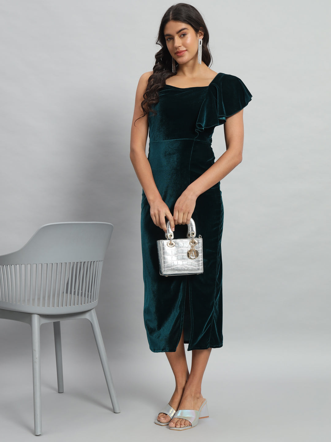 Shoulder Straps Velvet Ruffles Bodycon Midi Dress