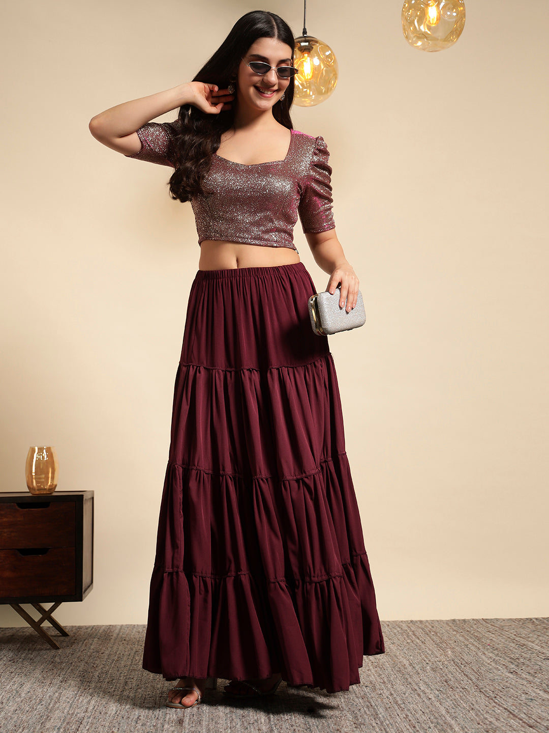 Metallic Shimmer Ruched Sleeve Top