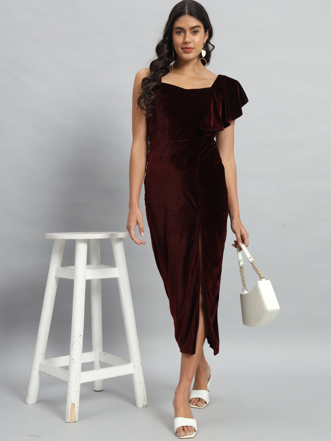 Shoulder Straps Velvet Ruffles Bodycon Midi Dress