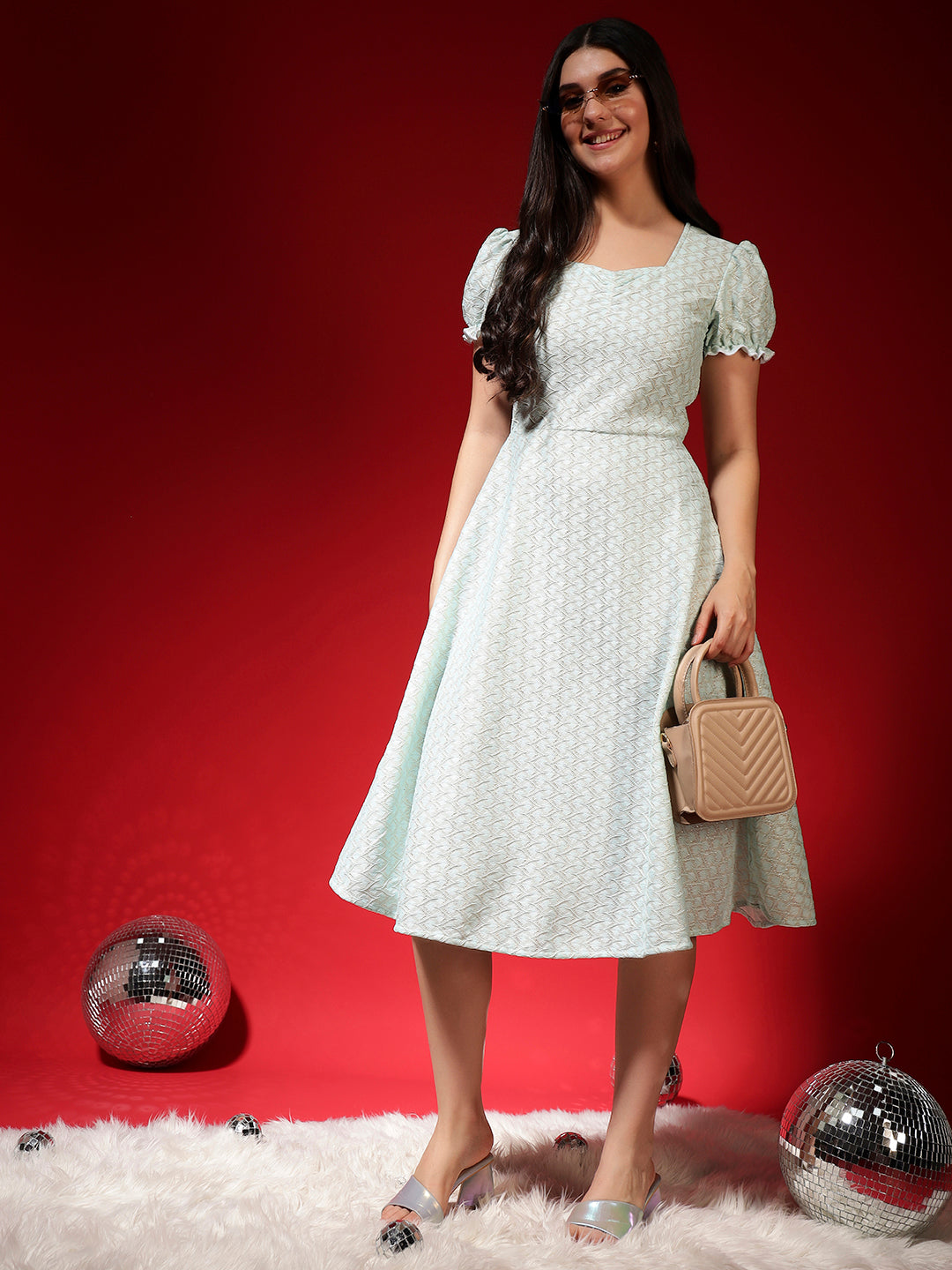 Textured Fit & Flare Midi Dress for Women with Two Side Pockets