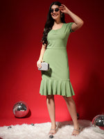 Bodycon Lycra Ruffle Hem Dress with Puff Sleeves