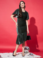 Women Flared Sleeves Velvet Drop-Waist Midi Dress With Ruffles Details