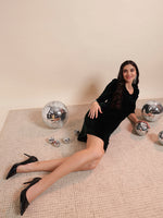 V-Neck Ruffles Detail Velvet Sheath Dress