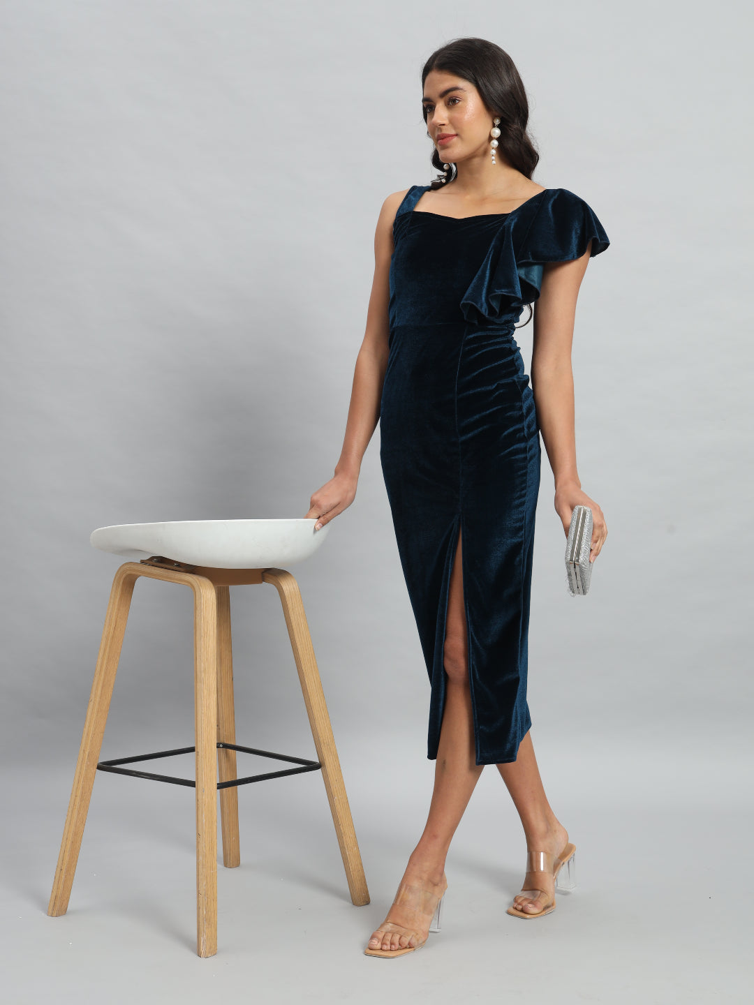 Shoulder Straps Velvet Ruffles Bodycon Midi Dress