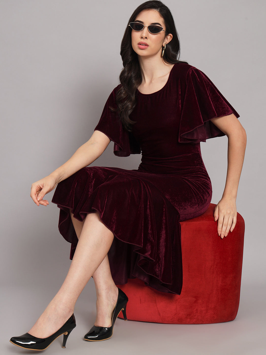 Women Flared Sleeves Velvet Drop-Waist Midi Dress With Ruffles Details
