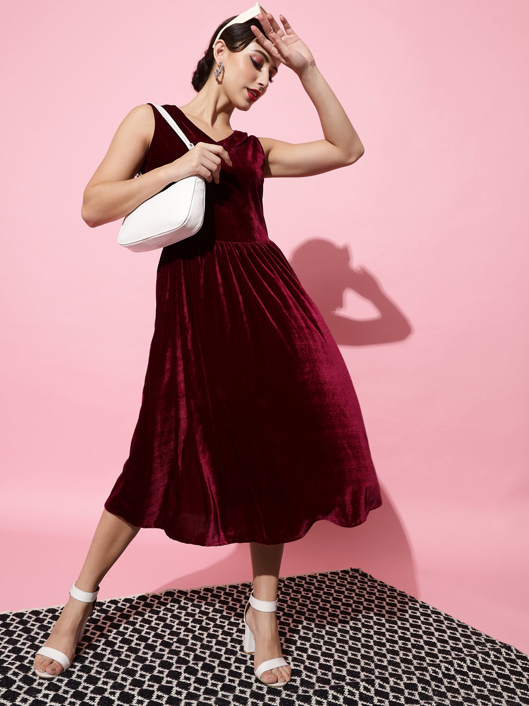 V-Neck Velvet Fit & Flare Midi Dress