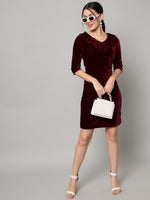 V-Neck Ruffles Detail Velvet Sheath Dress