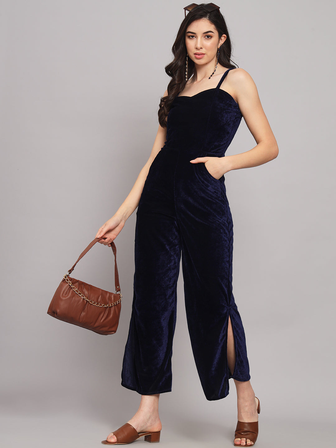 Shoulder Strapped Basic Velvet Jumpsuit
