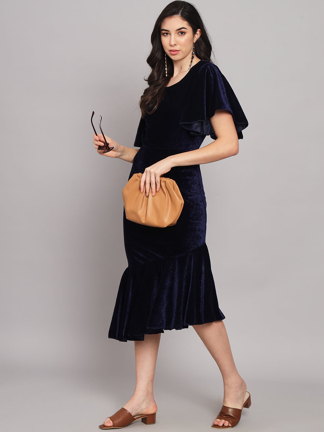 Women Flared Sleeves Velvet Drop-Waist Midi Dress With Ruffles Details