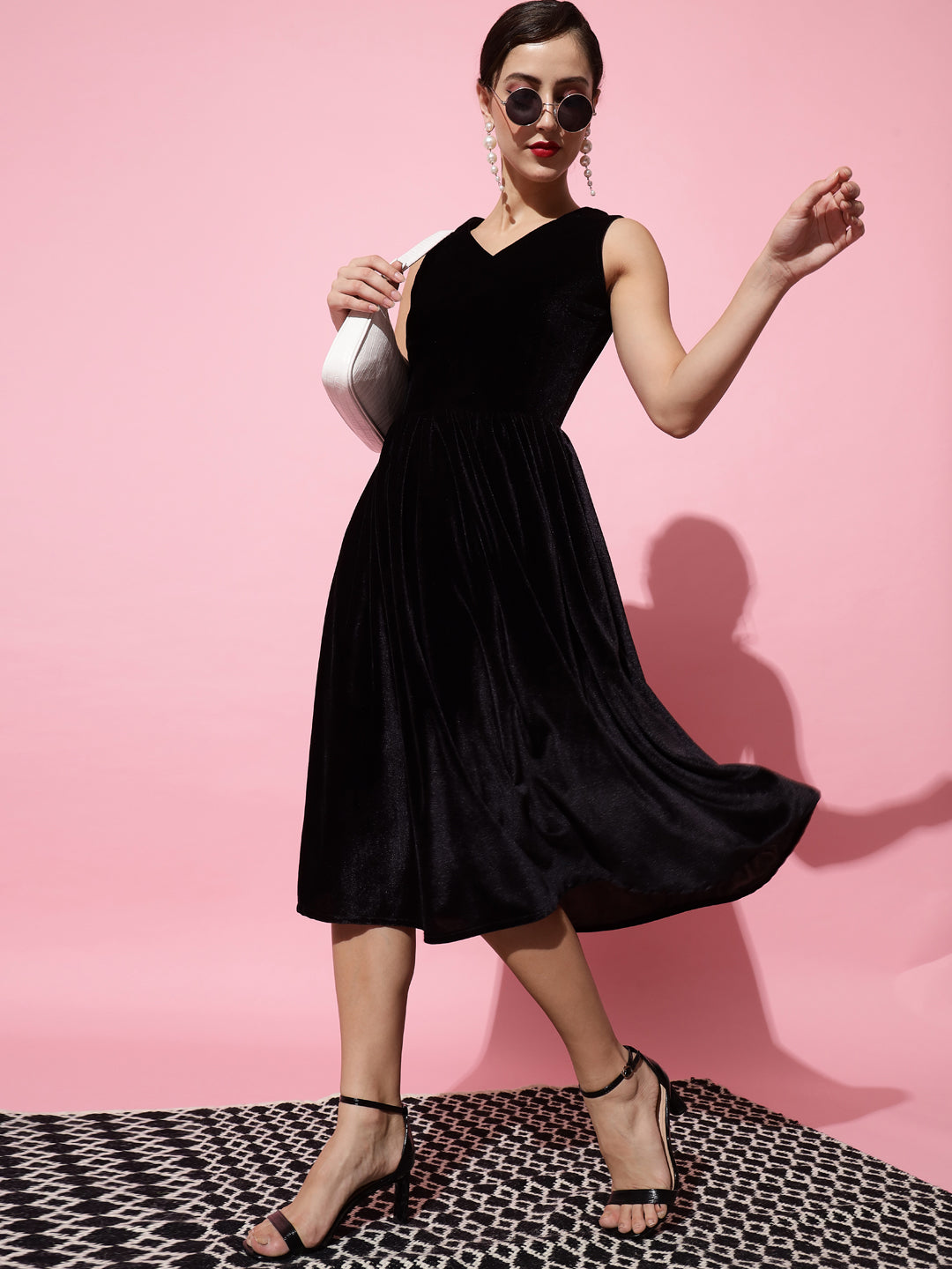 V-Neck Velvet Fit & Flare Midi Dress