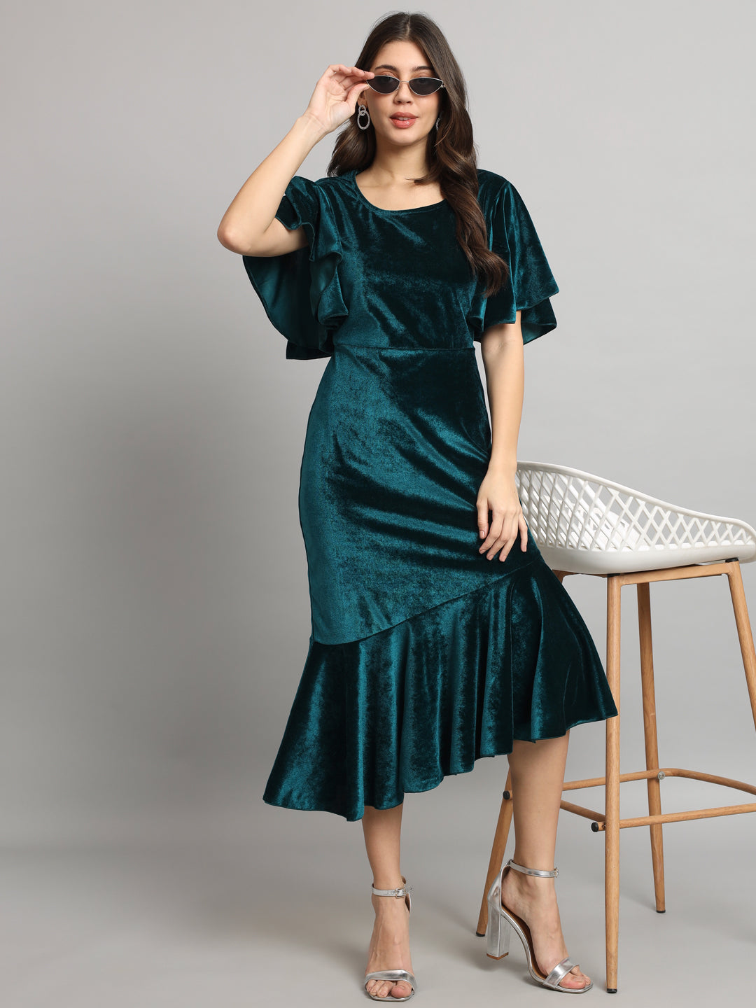 Women Flared Sleeves Velvet Drop-Waist Midi Dress With Ruffles Details